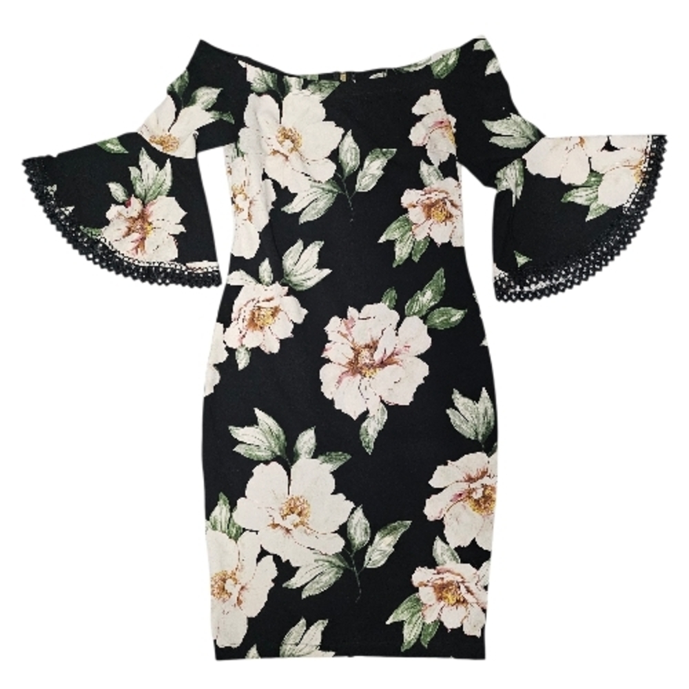 Black Floral Off-Shoulder Bell-Sleeve Bodycon Dress